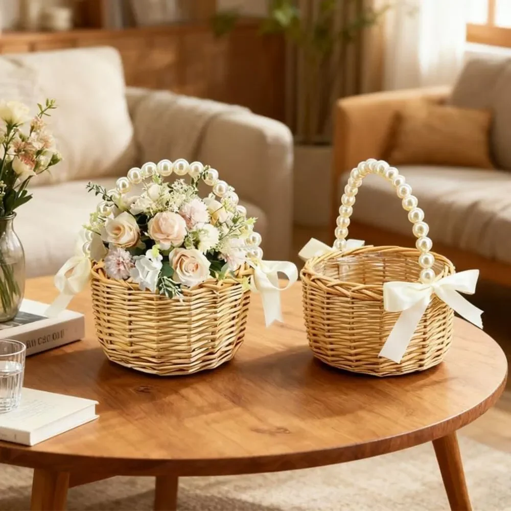 Wicker Rattan Flower Girl Basket With Bows Pearl Handle Flower Basket